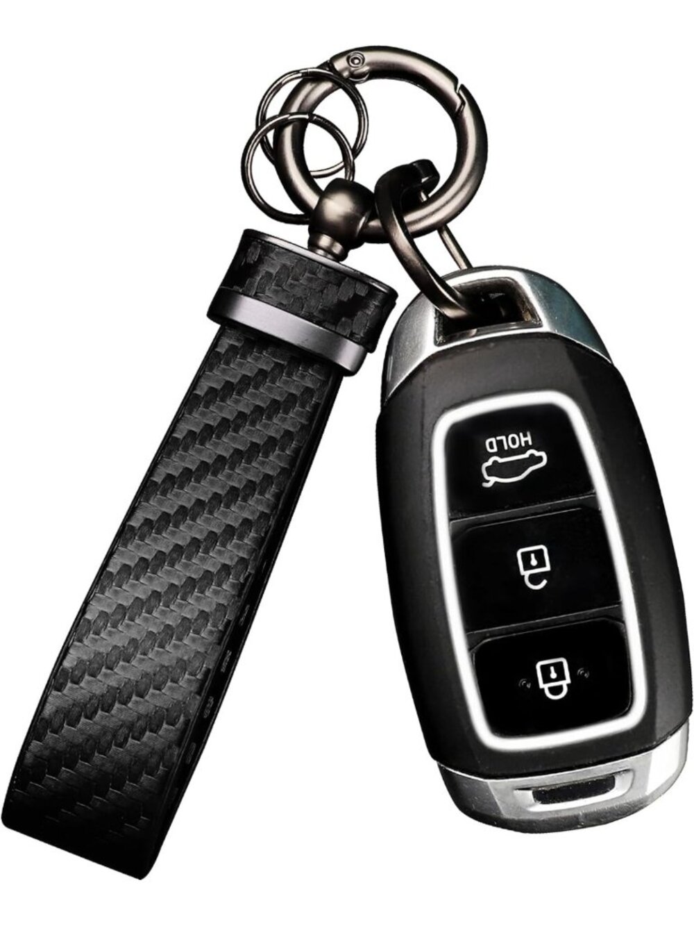 Stylish Leather Keychain with Carbon Fiber Key Fob, Anti-Lost D-Ring & Key Ring